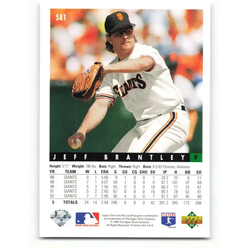 1993 Upper Deck #581 Jeff Brantley VG San Francisco Giants Baseball Card - Baseball Card Single