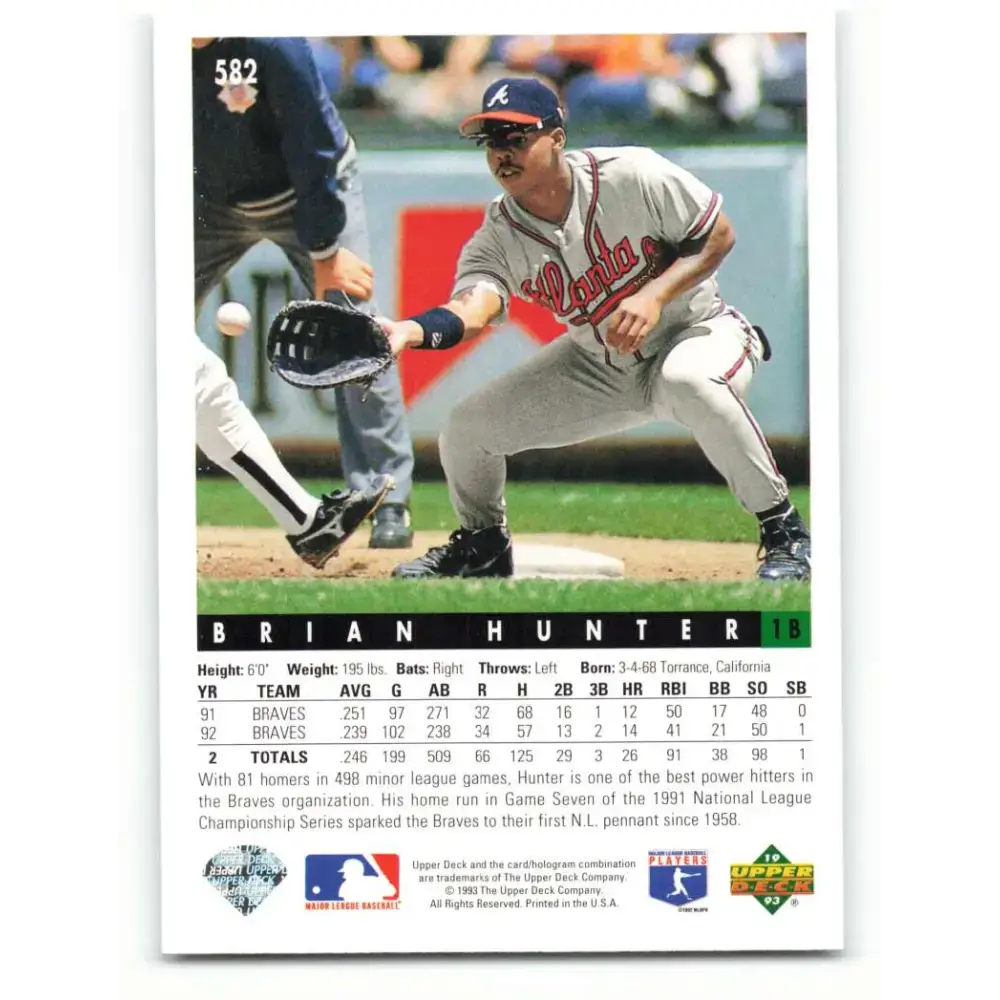 1993 Upper Deck #582 Brian Hunter VG Atlanta Braves Baseball Card - Baseball Card Single