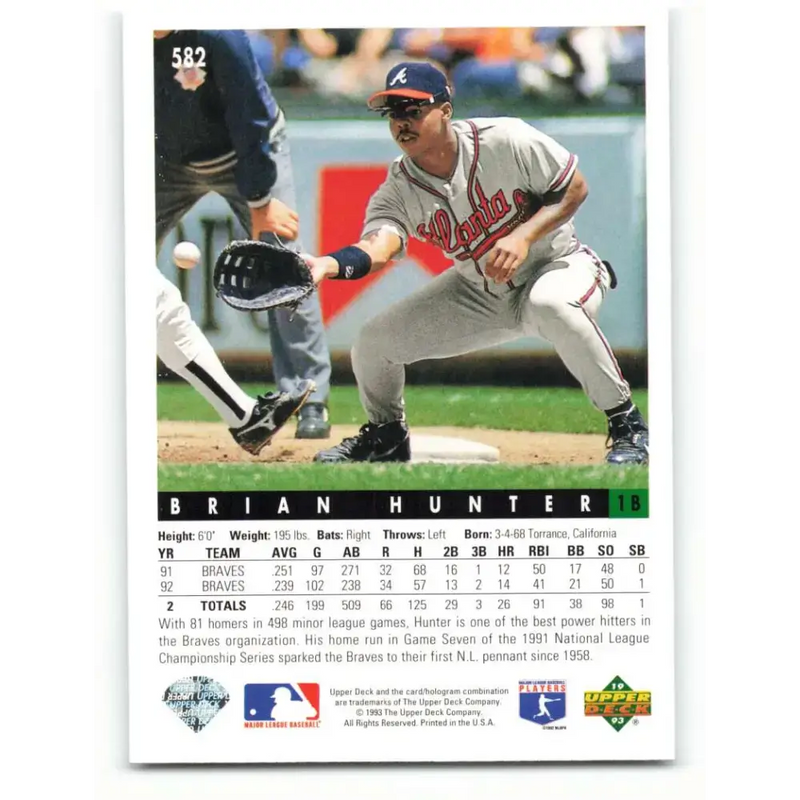 1993 Upper Deck #582 Brian Hunter VG Atlanta Braves Baseball Card - Baseball Card Single