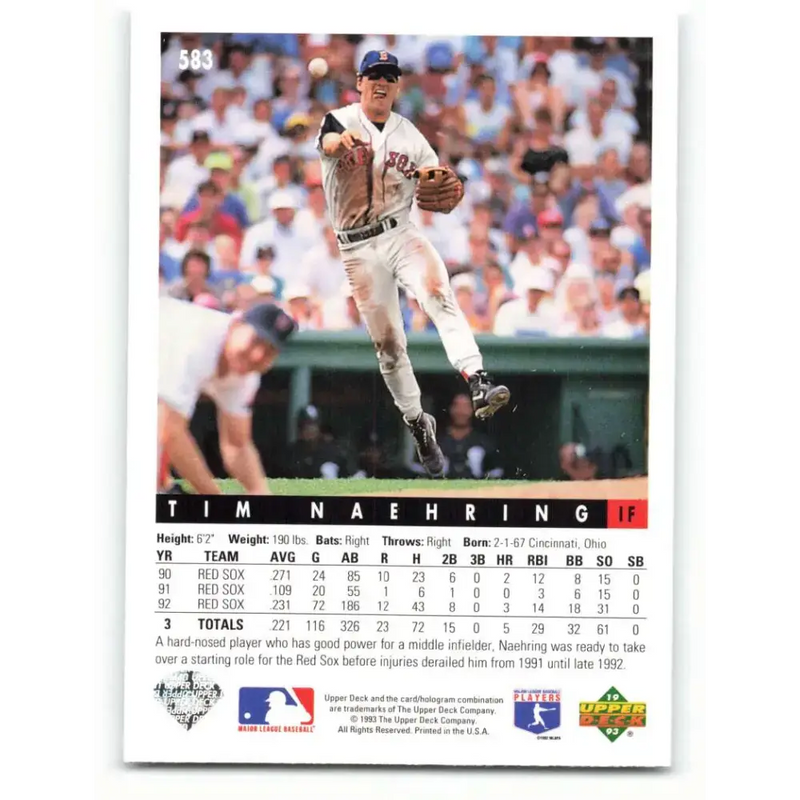 1993 Upper Deck #583 Tim Naehring VG Boston Red Sox Baseball Card - Baseball Card Single