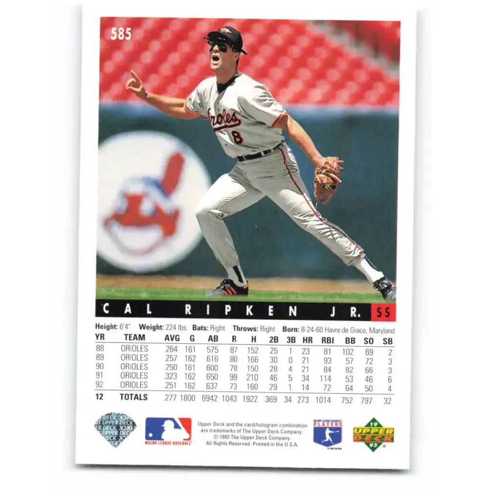 1993 Upper Deck #585 Cal Ripken Jr. VG Baltimore Orioles Baseball Card - Baseball Card Single