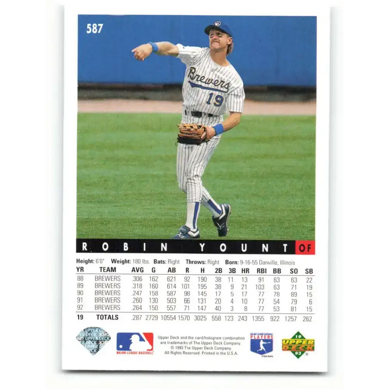 1993 Upper Deck #587 Robin Yount VG Milwaukee Brewers Baseball Card - Baseball Card Single