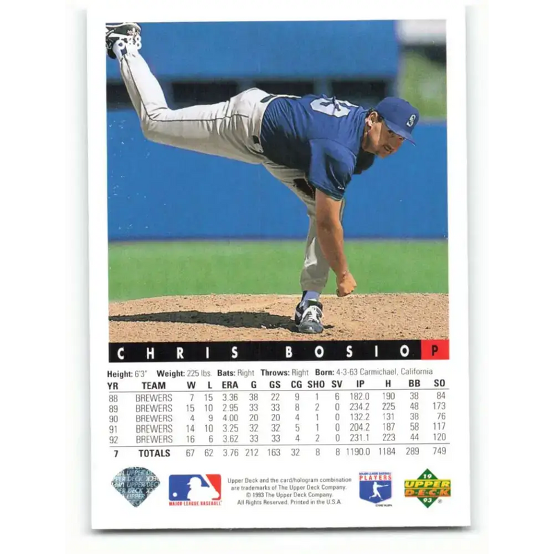 1993 Upper Deck #588 Chris Bosio VG Seattle Mariners Baseball Card - Baseball Card Single