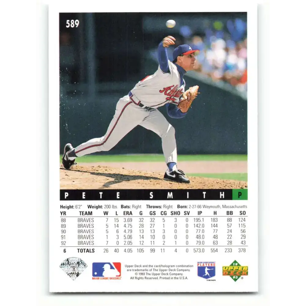1993 Upper Deck #589 Pete Smith VG Atlanta Braves Baseball Card - Baseball Card Single