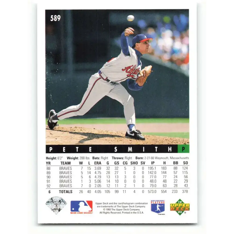 1993 Upper Deck #589 Pete Smith VG Atlanta Braves Baseball Card - Baseball Card Single