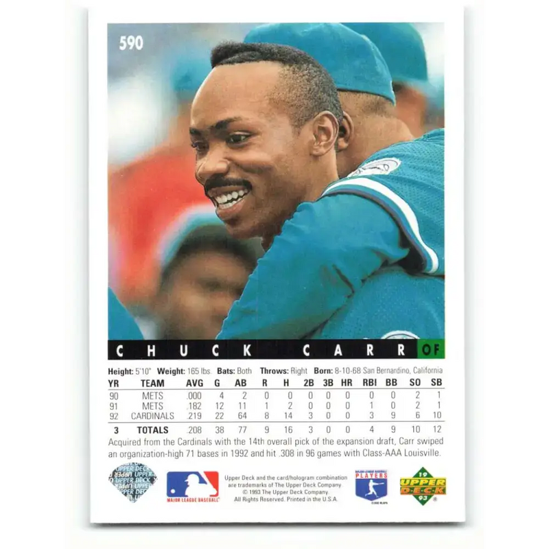 1993 Upper Deck #590 Chuck Carr VG Florida Marlins Baseball Card - Baseball Card Single