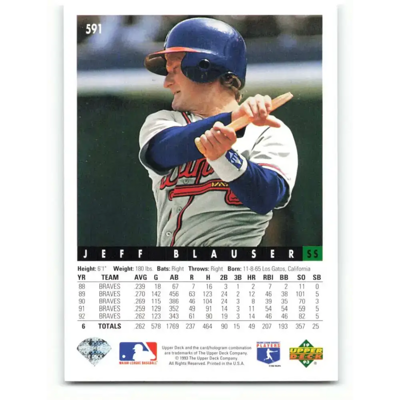 1993 Upper Deck #591 Jeff Blauser VG Atlanta Braves Baseball Card - Baseball Card Single
