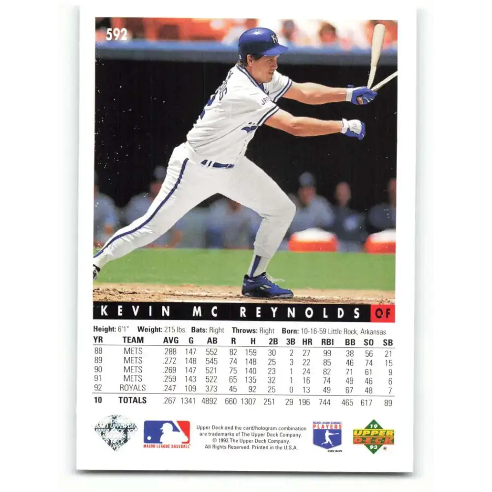 1993 Upper Deck #592 Kevin McReynolds VG Kansas City Royals Baseball Card - Baseball Card Single