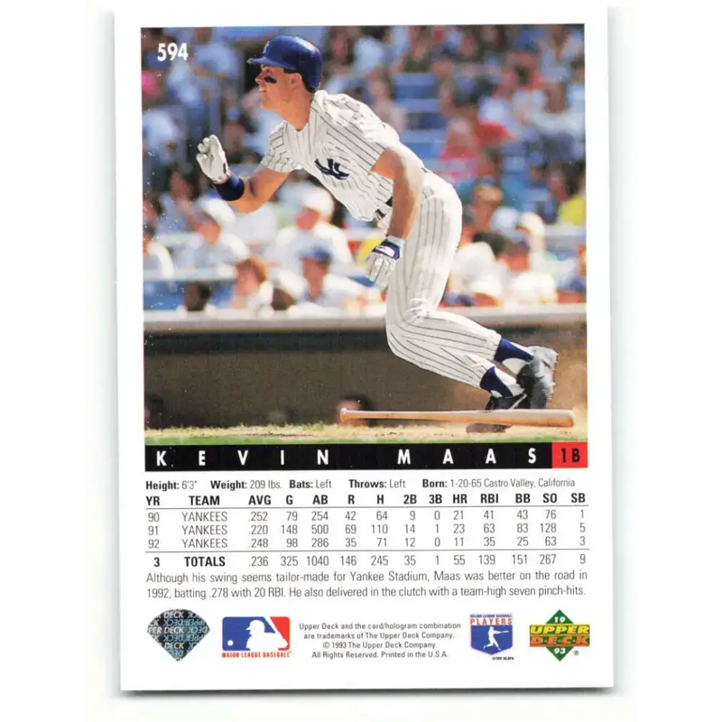 1993 Upper Deck #594 Kevin Maas VG New York Yankees Baseball Card - Baseball Card Single