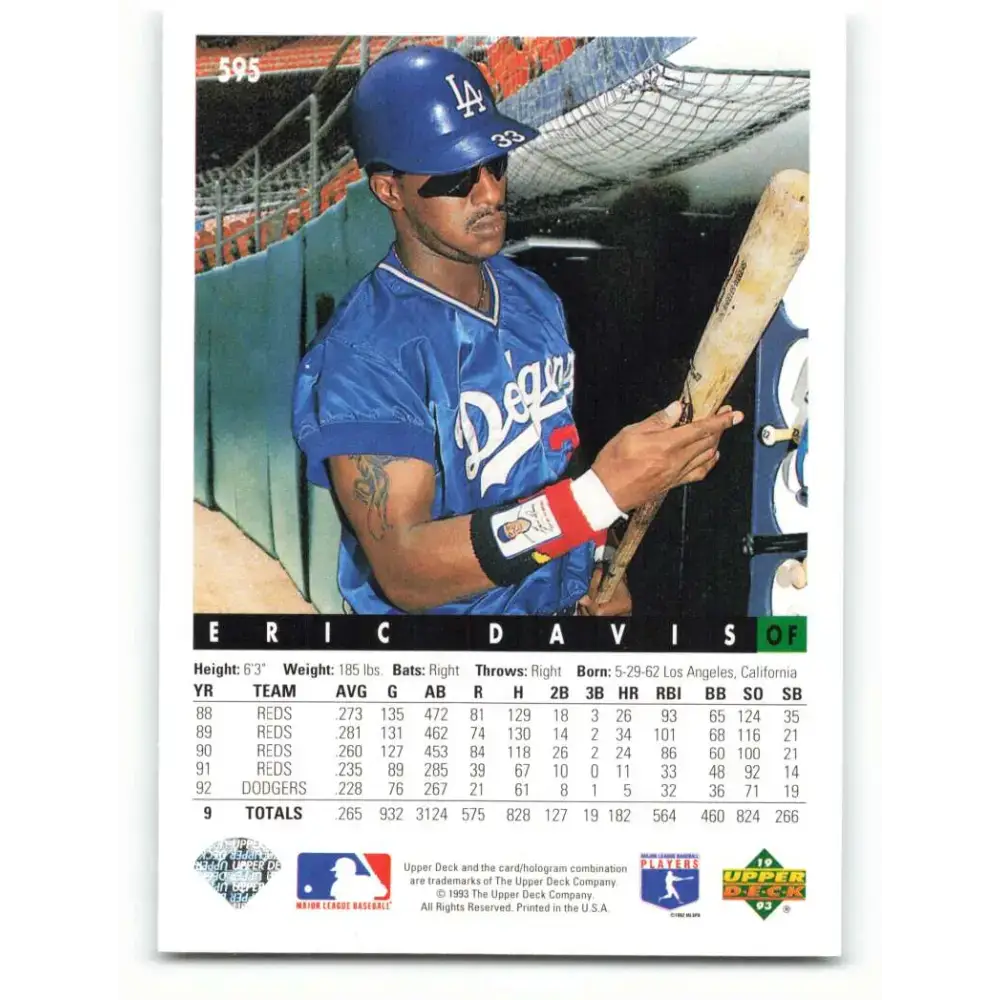 1993 Upper Deck #595 Eric Davis VG Los Angeles Dodgers Baseball Card - Baseball Card Single