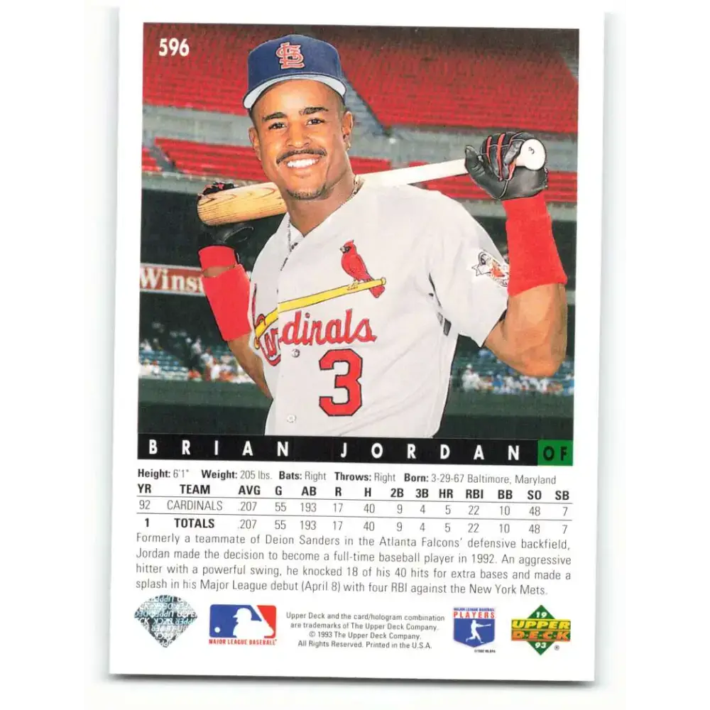 1993 Upper Deck #596 Brian Jordan VG St. Louis Cardinals Baseball Card - Baseball Card Single