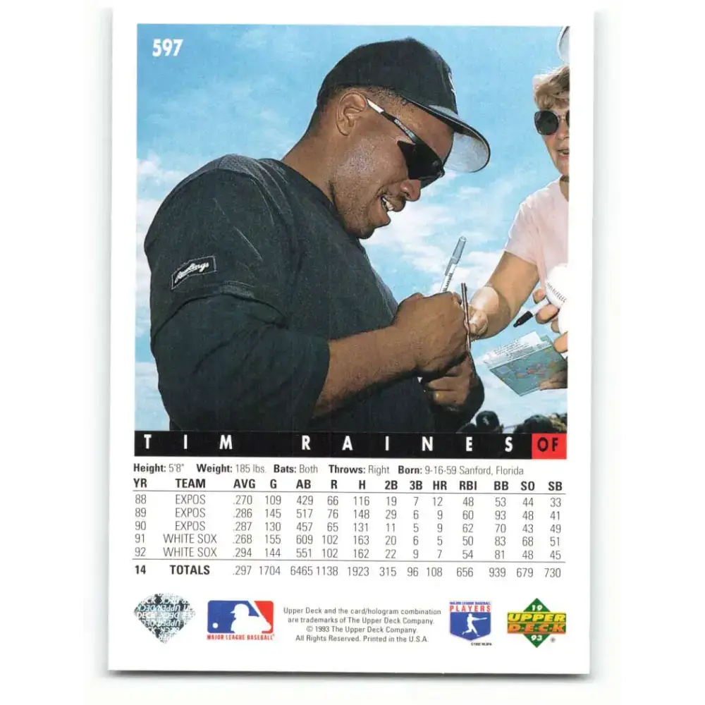 1993 Upper Deck #597 Tim Raines VG Chicago White Sox Baseball Card - Baseball Card Single