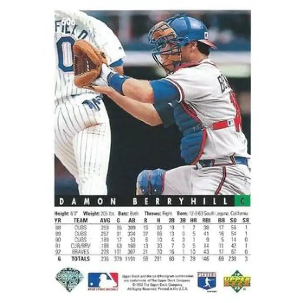 1993 Upper Deck #606 Damon Berryhill VG Atlanta Braves Baseball Card - Baseball Card Single