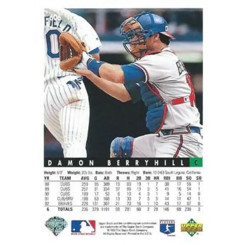 1993 Upper Deck #606 Damon Berryhill VG Atlanta Braves Baseball Card - Baseball Card Single