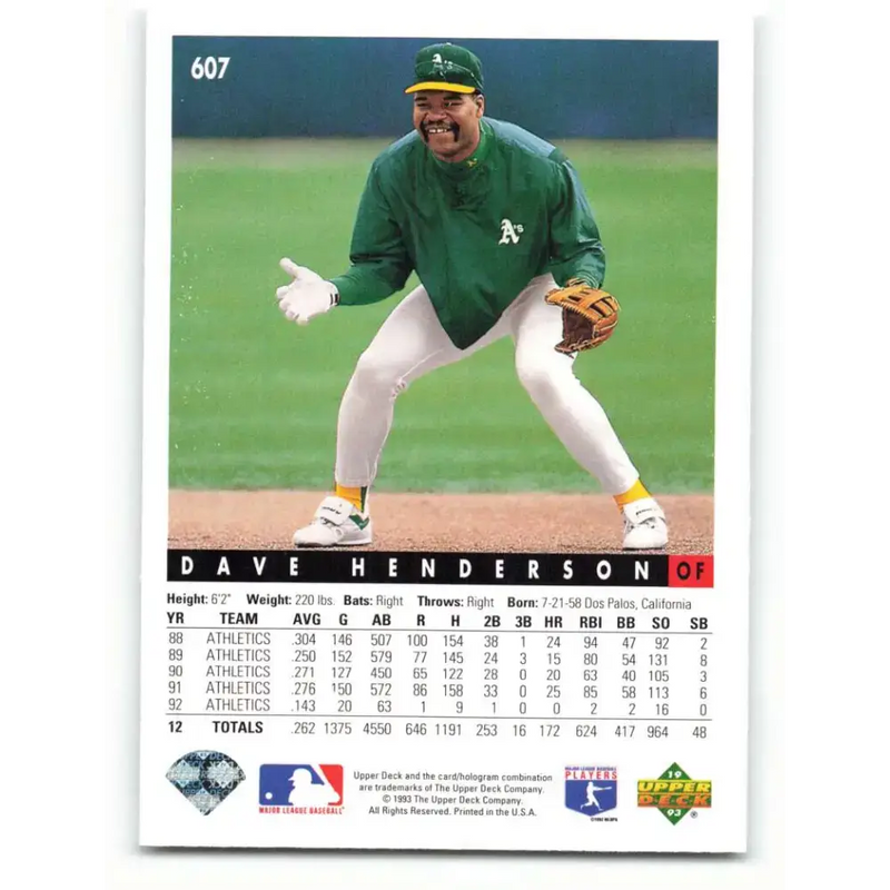 1993 Upper Deck #607 Dave Henderson VG Oakland Athletics Baseball Card - Baseball Card Single