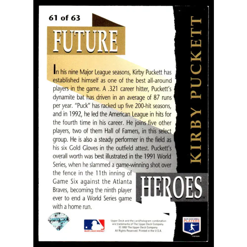 1993 Upper Deck #61 Kirby Puckett EX/NM Minnesota Twins Baseball Card - Baseball Card Single