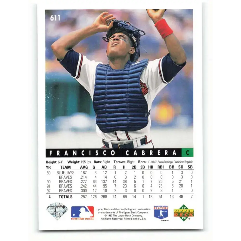 1993 Upper Deck #611 Francisco Cabrera VG Atlanta Braves Baseball Card - Baseball Card Single