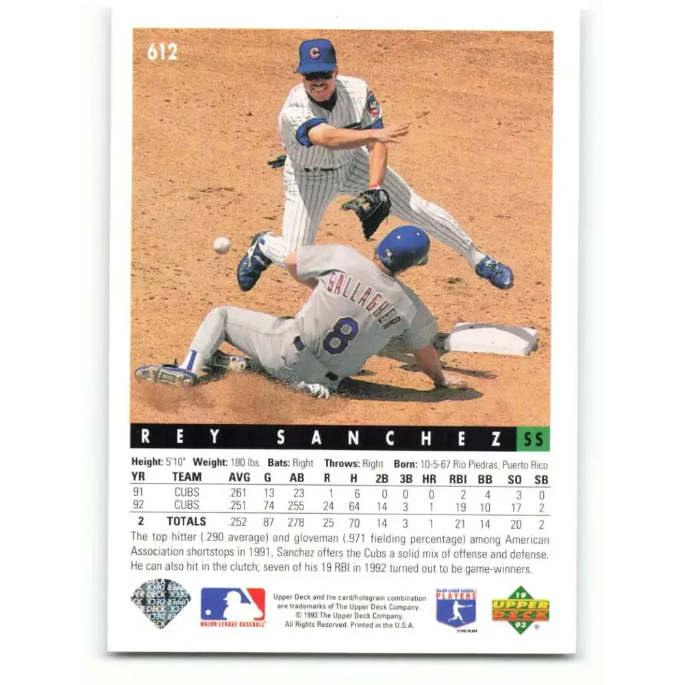 1993 Upper Deck #612 Rey Sanchez VG Chicago Cubs Baseball Card - Baseball Card Single