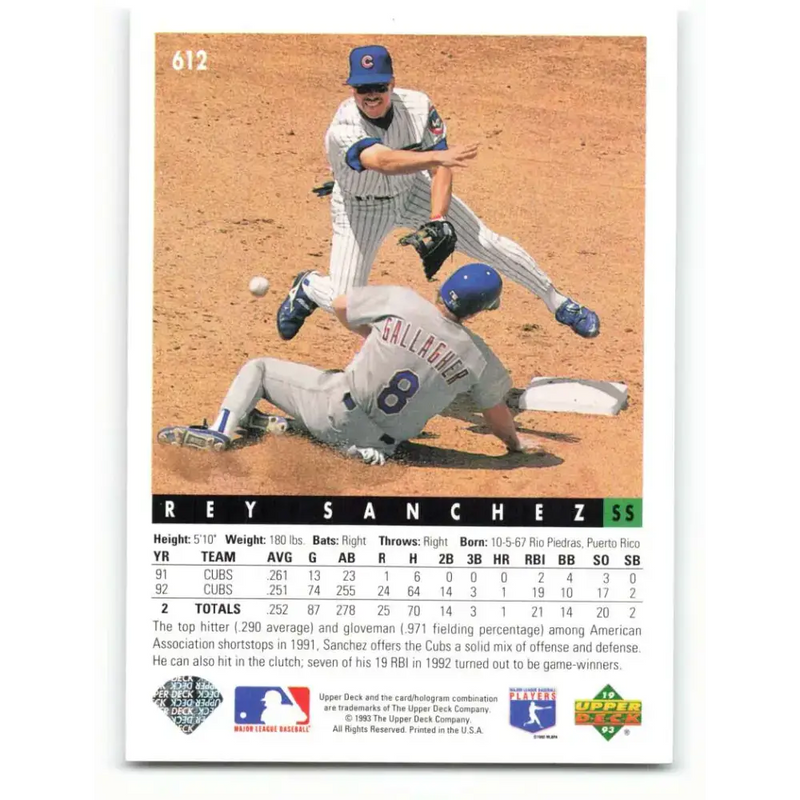 1993 Upper Deck #612 Rey Sanchez VG Chicago Cubs Baseball Card - Baseball Card Single