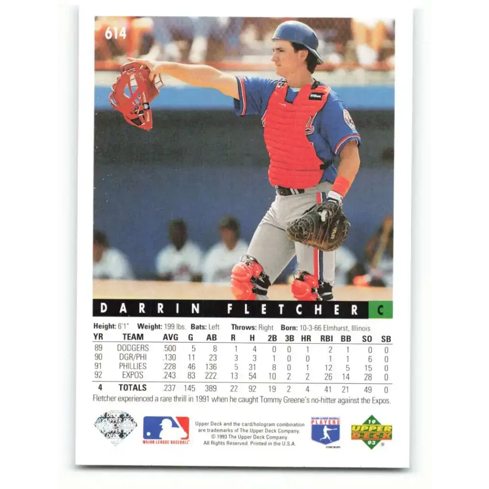 1993 Upper Deck #614 Darrin Fletcher VG Montreal Expos Baseball Card - Baseball Card Single