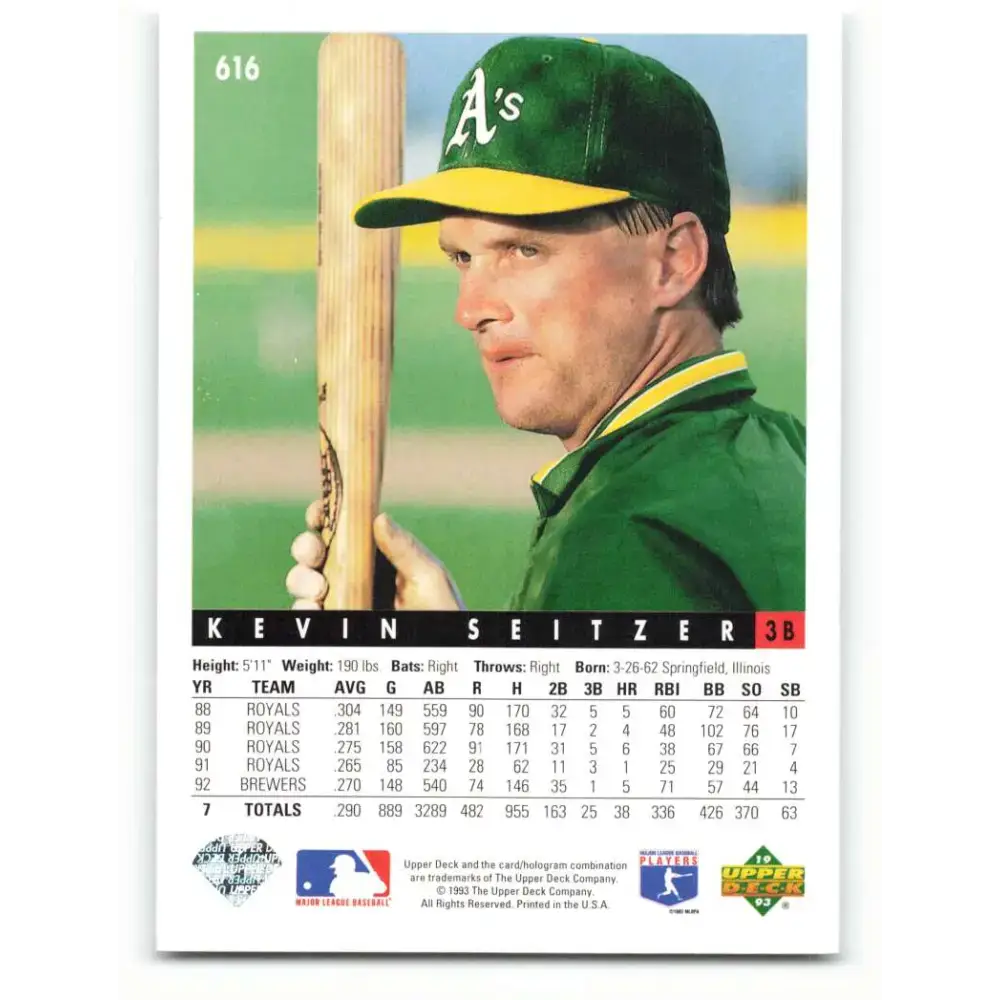 1993 Upper Deck #616 Kevin Seitzer VG Oakland Athletics Baseball Card - Baseball Card Single