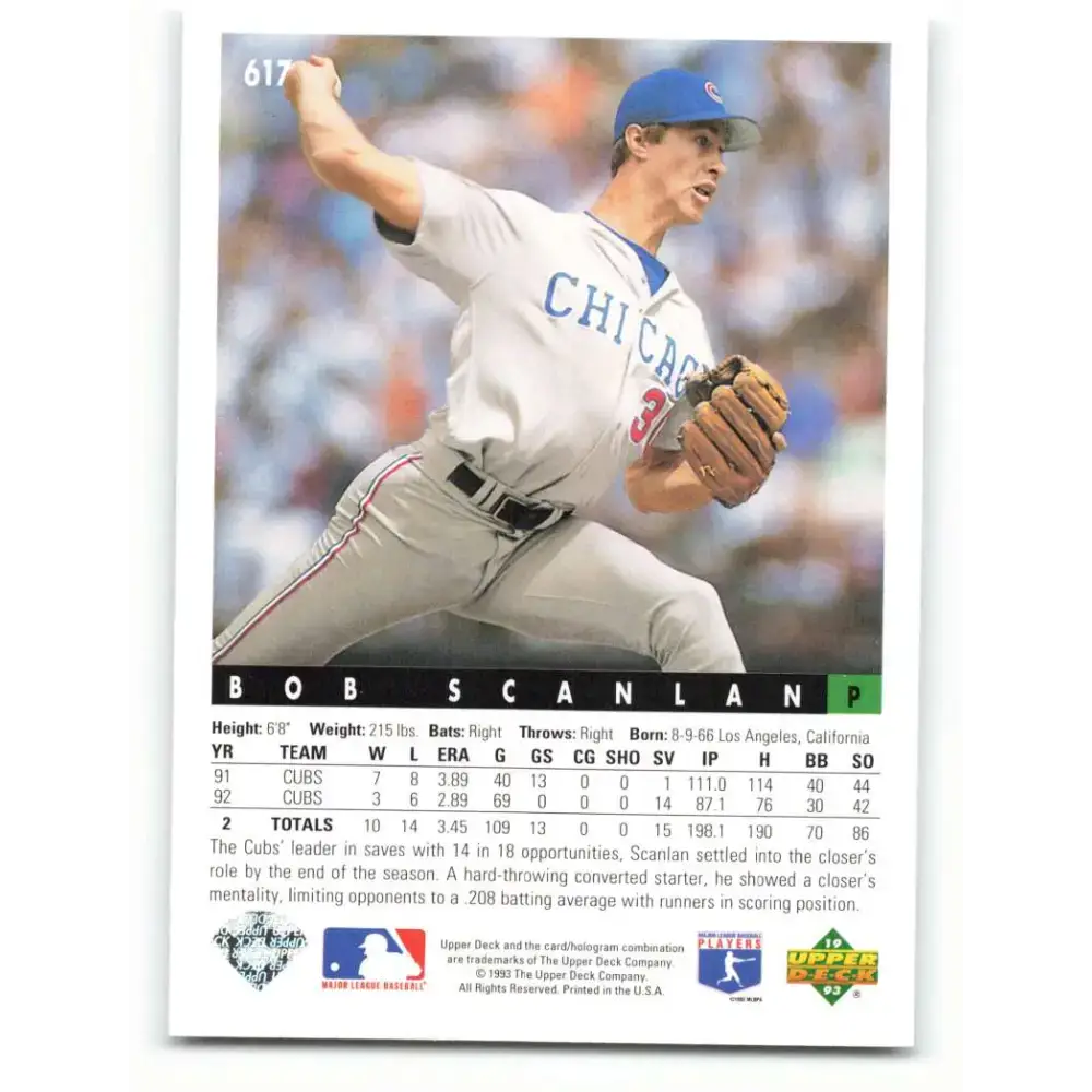 1993 Upper Deck #617 Bob Scanlan VG Chicago Cubs Baseball Card - Baseball Card Single