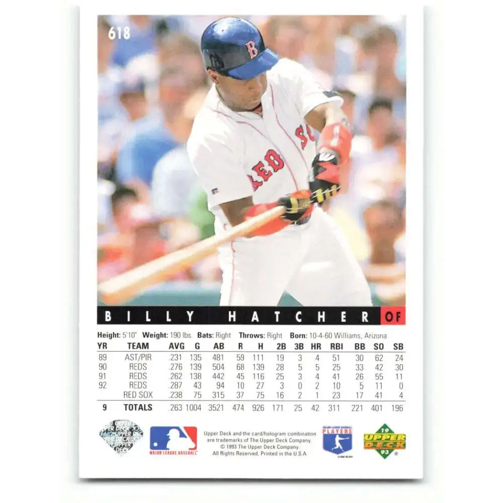 1993 Upper Deck #618 Billy Hatcher VG Boston Red Sox Baseball Card - Baseball Card Single
