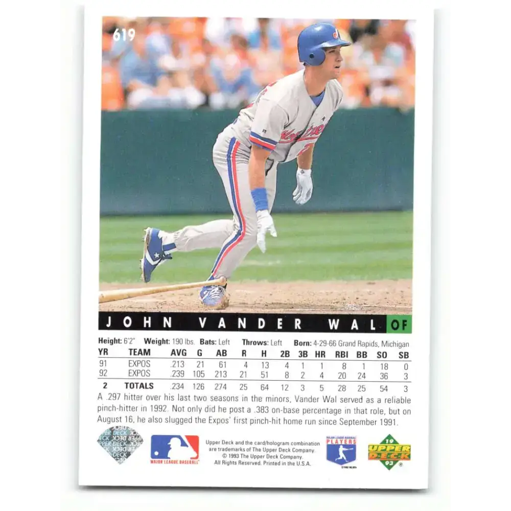 1993 Upper Deck #619 John Vander Wal VG Montreal Expos Baseball Card - Baseball Card Single