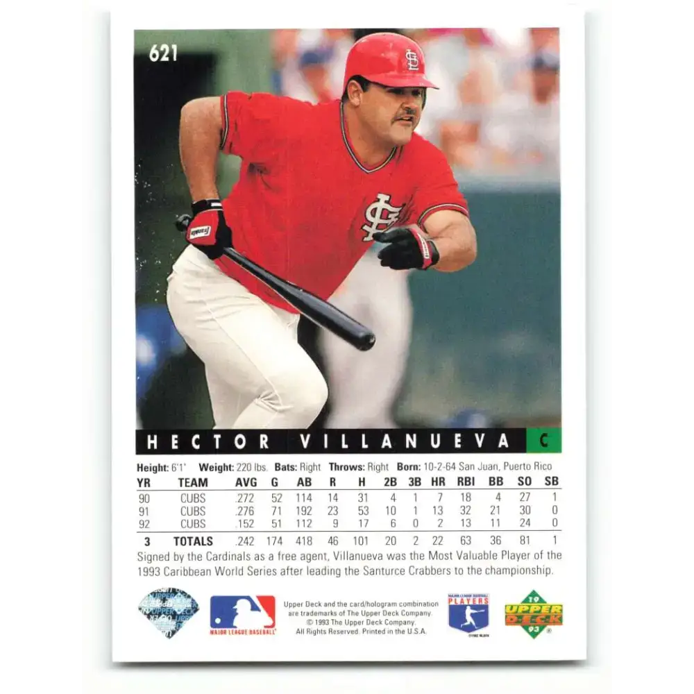 1993 Upper Deck #621 Hector Villanueva VG St. Louis Cardinals Baseball Card - Baseball Card Single