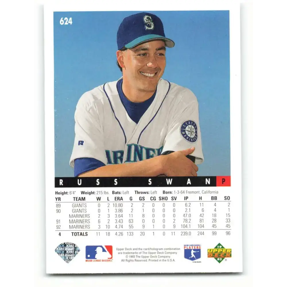 1993 Upper Deck #624 Russ Swan VG Seattle Mariners Baseball Card - Baseball Card Single