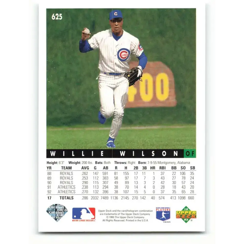 1993 Upper Deck #625 Willie Wilson VG Chicago Cubs Baseball Card - Baseball Card Single