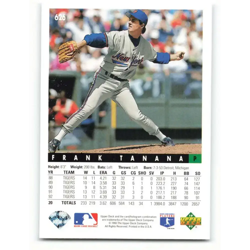 1993 Upper Deck #626 Frank Tanana VG New York Mets Baseball Card - Baseball Card Single