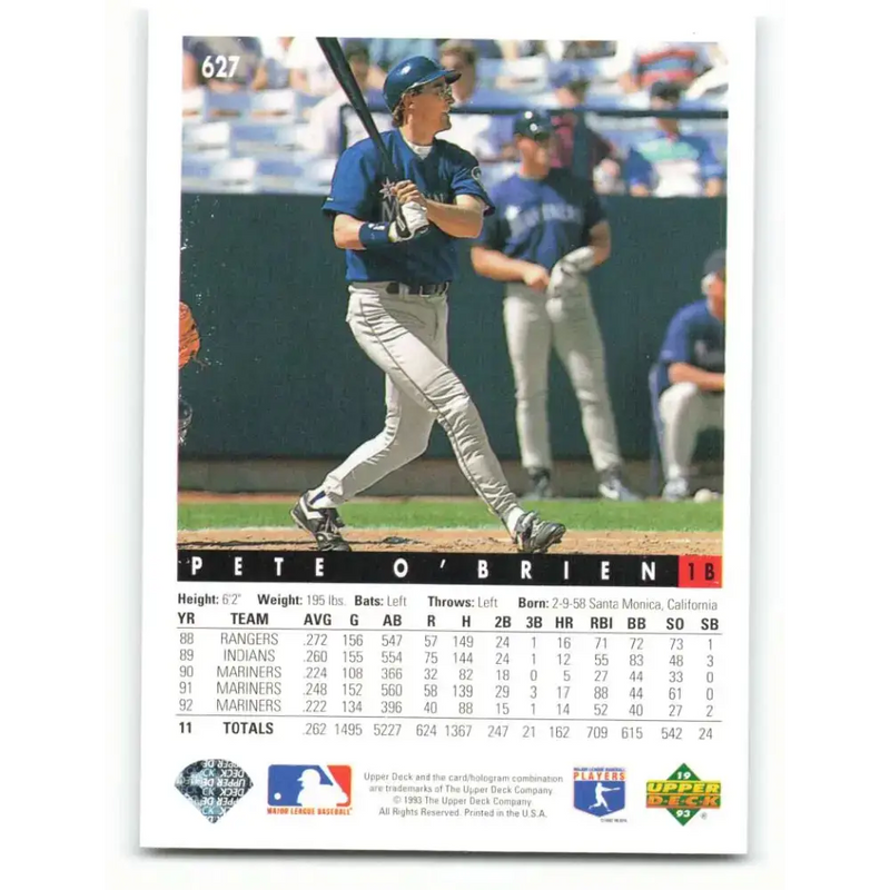 1993 Upper Deck #627 Pete O’Brien VG Seattle Mariners Baseball Card - Baseball Card Single