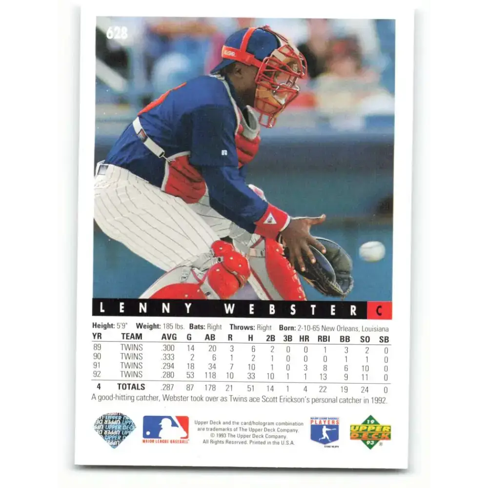 1993 Upper Deck #628 Lenny Webster VG Minnesota Twins Baseball Card - Baseball Card Single