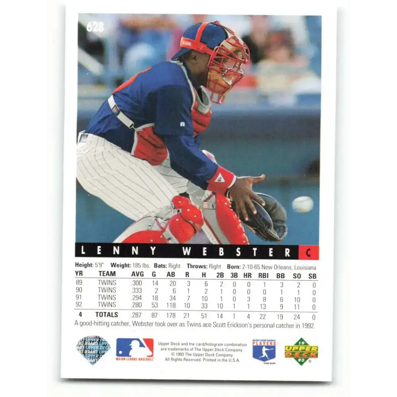 1993 Upper Deck #628 Lenny Webster VG Minnesota Twins Baseball Card - Baseball Card Single