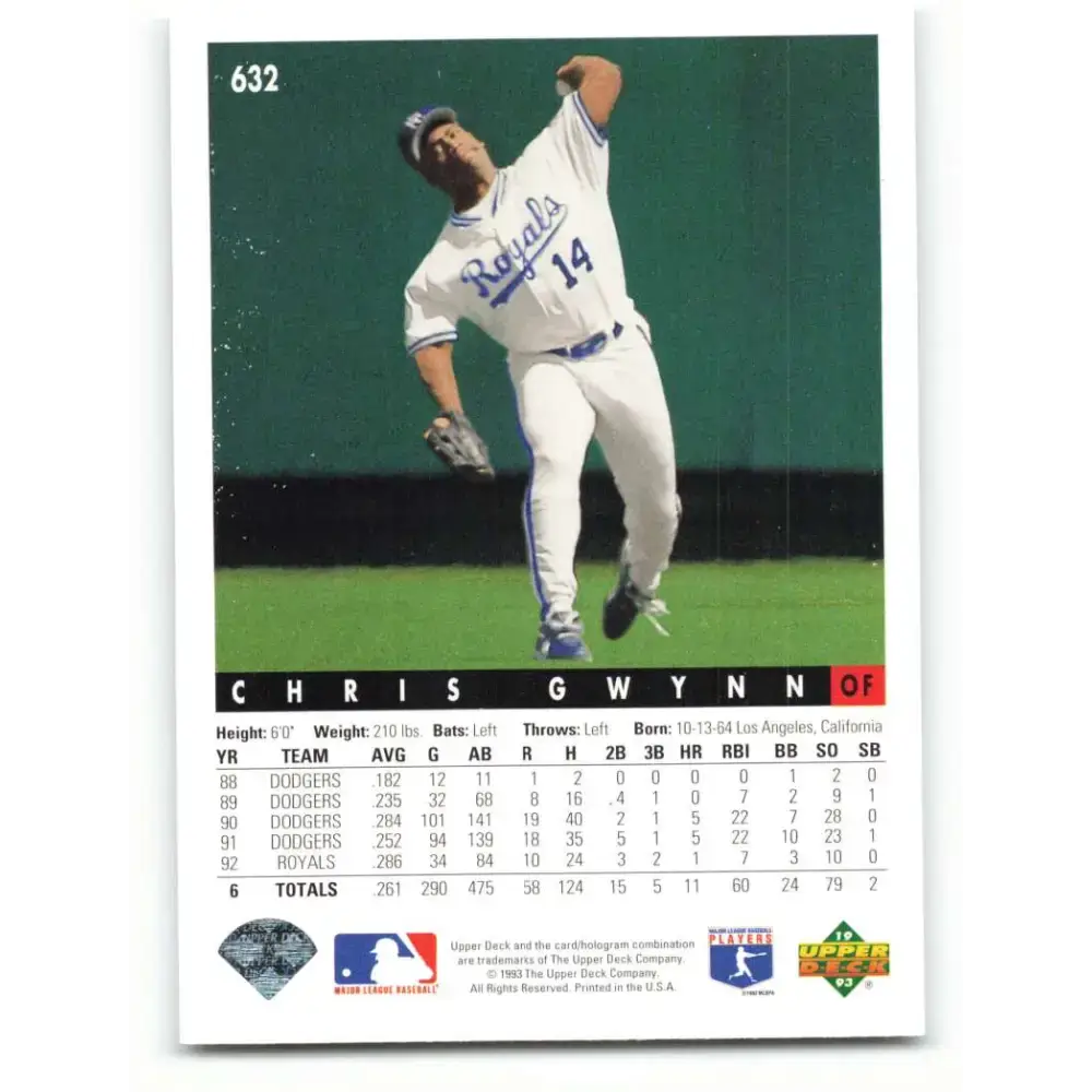 1993 Upper Deck #632 Chris Gwynn VG Kansas City Royals Baseball Card - Baseball Card Single