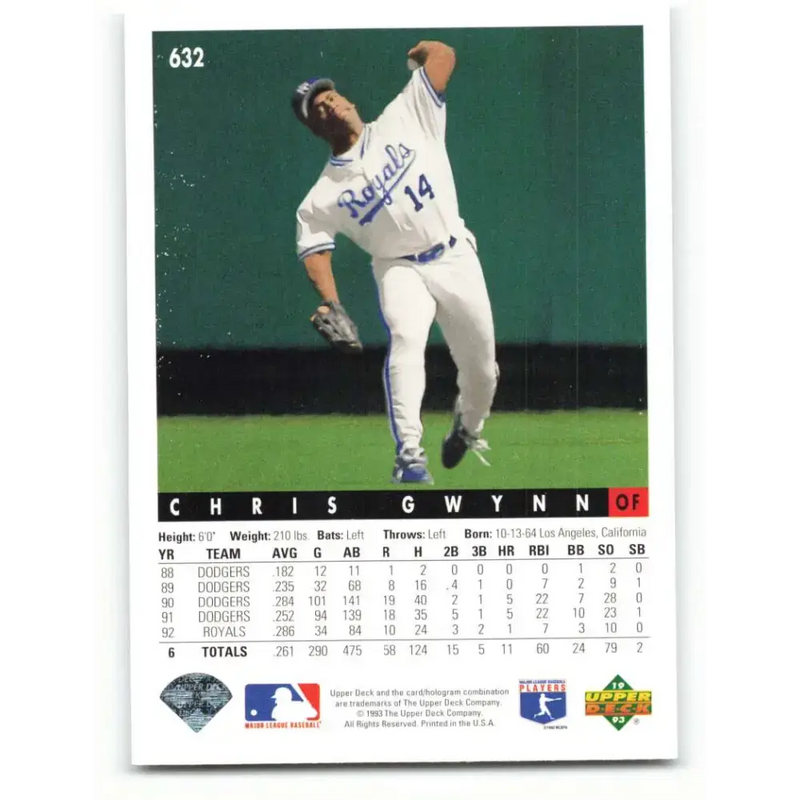 1993 Upper Deck #632 Chris Gwynn VG Kansas City Royals Baseball Card - Baseball Card Single