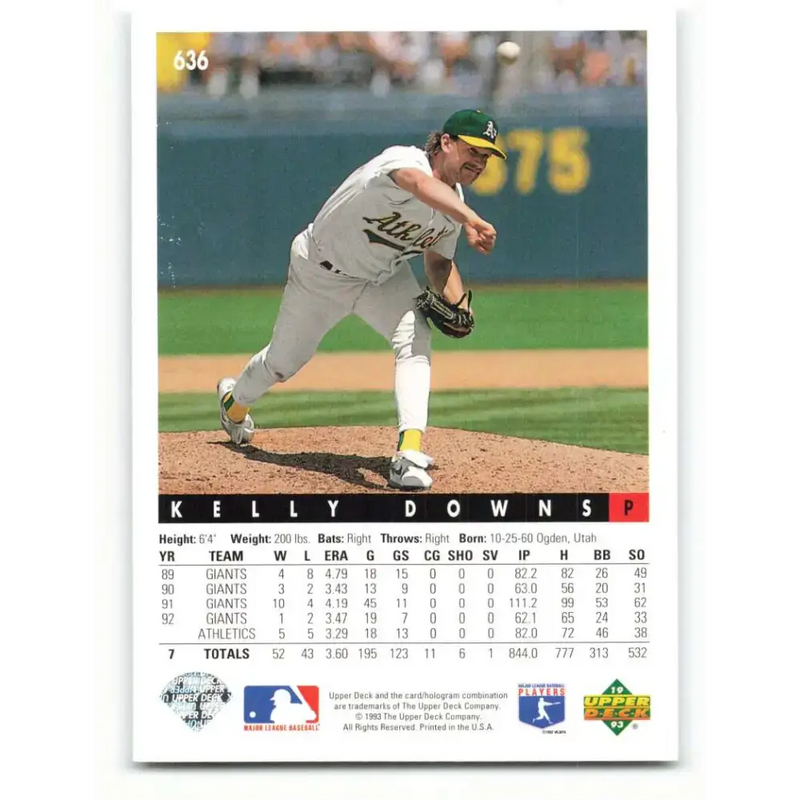 1993 Upper Deck #636 Kelly Downs VG Oakland Athletics Baseball Card - Baseball Card Single