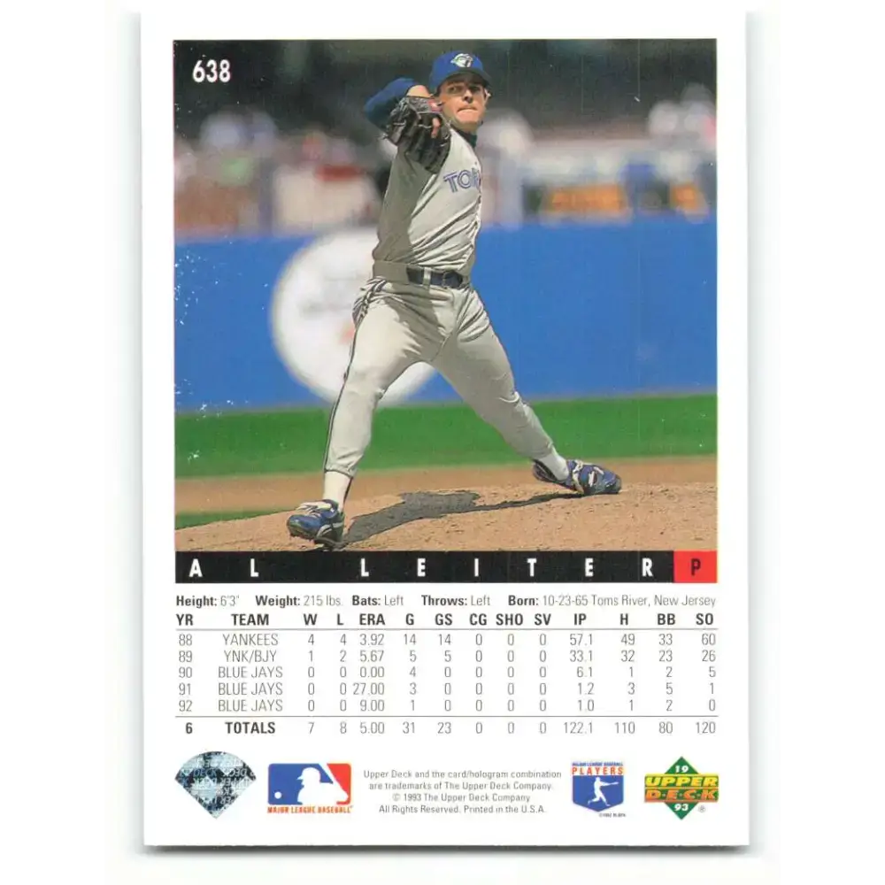 1993 Upper Deck #638 Al Leiter VG Toronto Blue Jays Baseball Card - Baseball Card Single