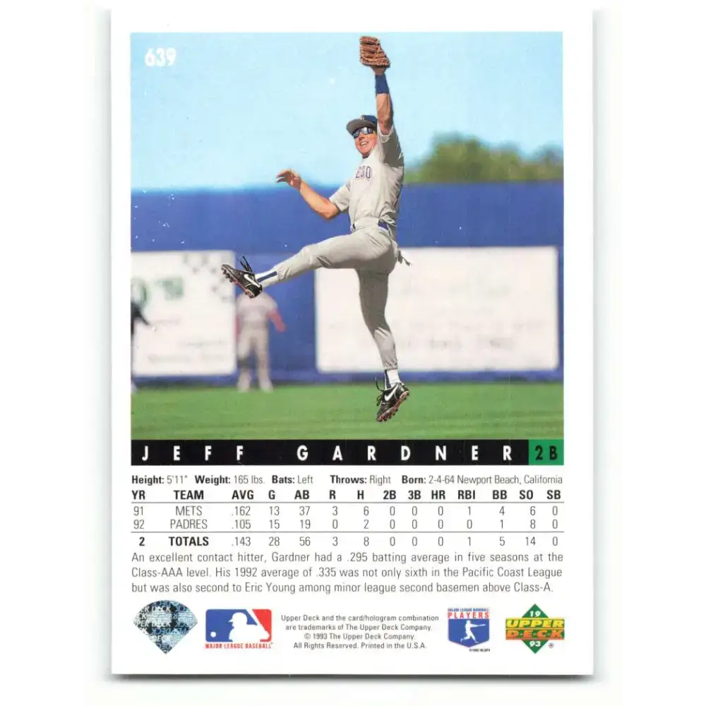 1993 Upper Deck #639 Jeff Gardner VG San Diego Padres Baseball Card - Baseball Card Single
