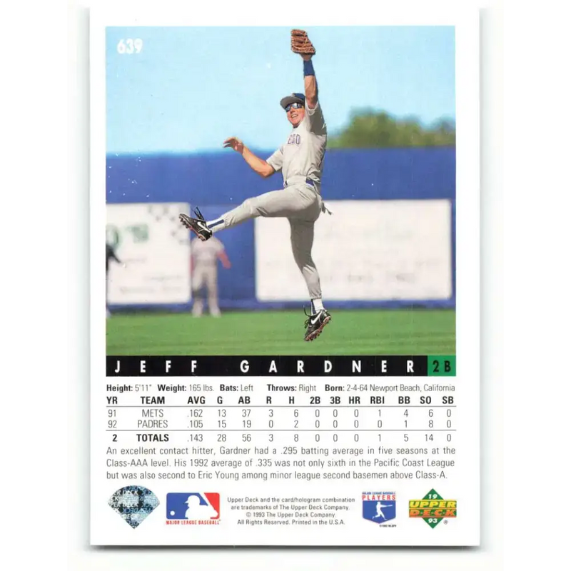 1993 Upper Deck #639 Jeff Gardner VG San Diego Padres Baseball Card - Baseball Card Single