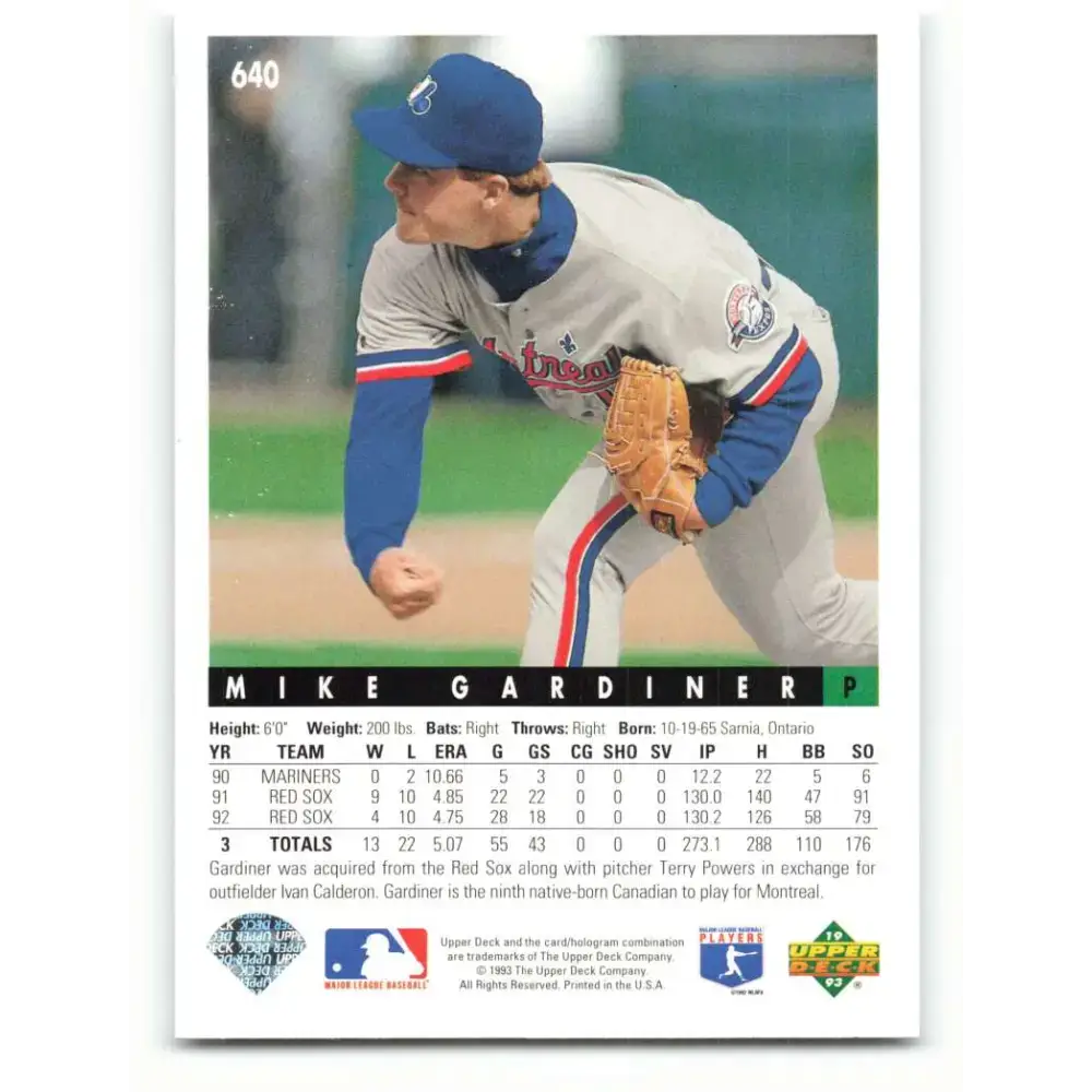 1993 Upper Deck #640 Mike Gardiner VG Montreal Expos Baseball Card - Baseball Card Single