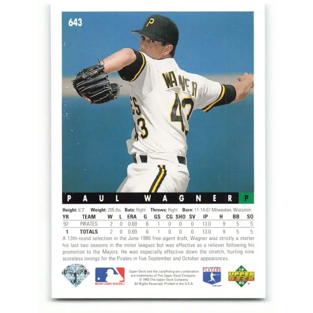 1993 Upper Deck #643 Paul Wagner VG Pittsburgh Pirates Baseball Card - Baseball Card Single