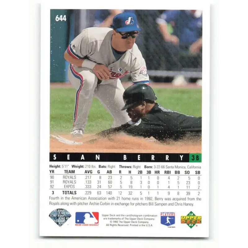 1993 Upper Deck #644 Sean Berry VG Montreal Expos Baseball Card - Baseball Card Single