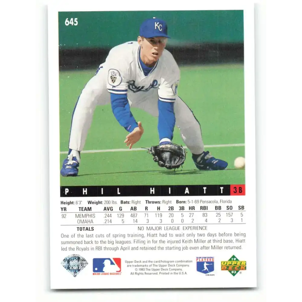 1993 Upper Deck #645 Phil Hiatt VG Kansas City Royals Baseball Card - Baseball Card Single
