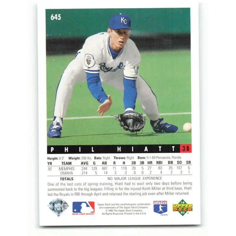 1993 Upper Deck #645 Phil Hiatt VG Kansas City Royals Baseball Card - Baseball Card Single