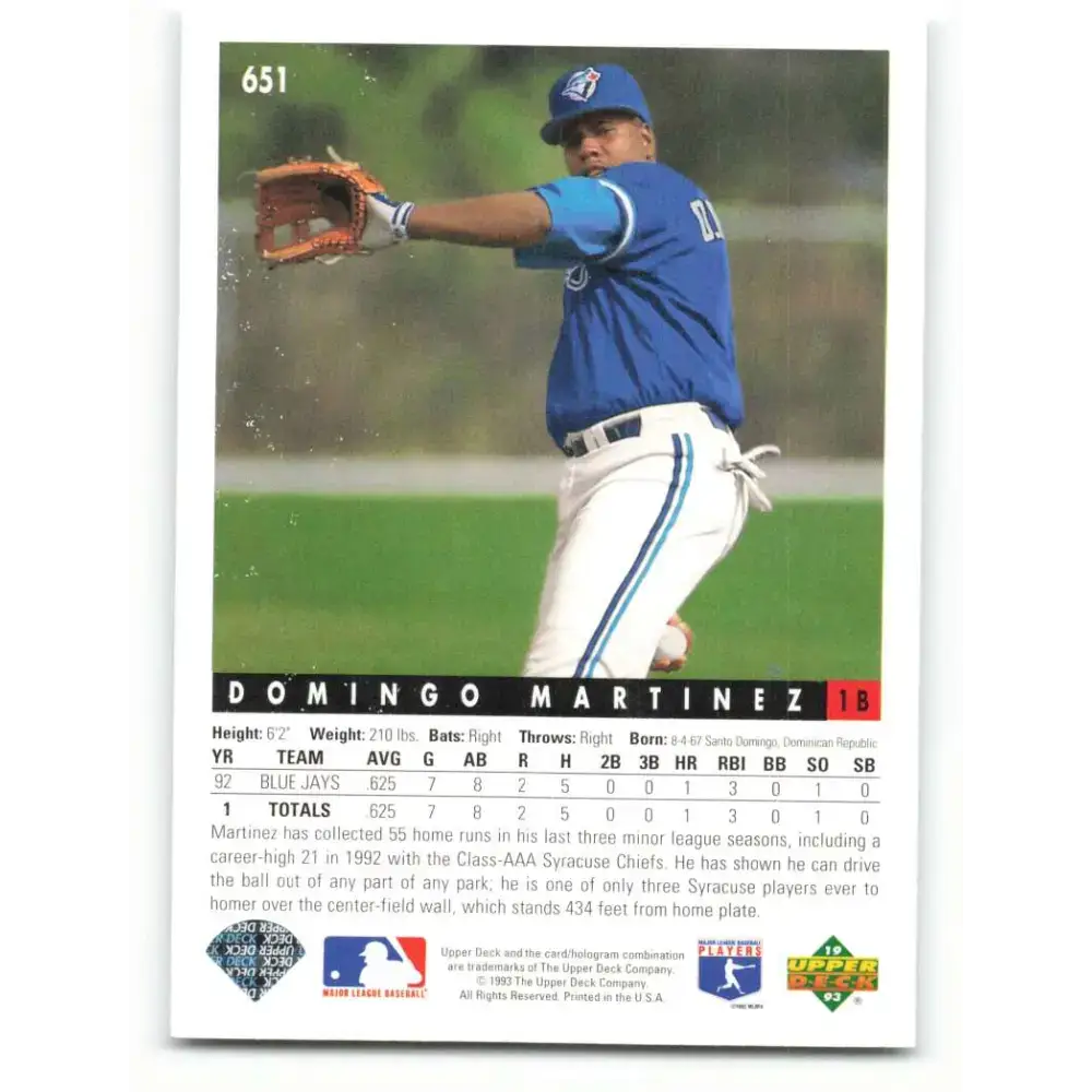 1993 Upper Deck #651 Domingo Martinez VG RC Rookie Toronto Blue Jays Baseball Card - Baseball Card Single