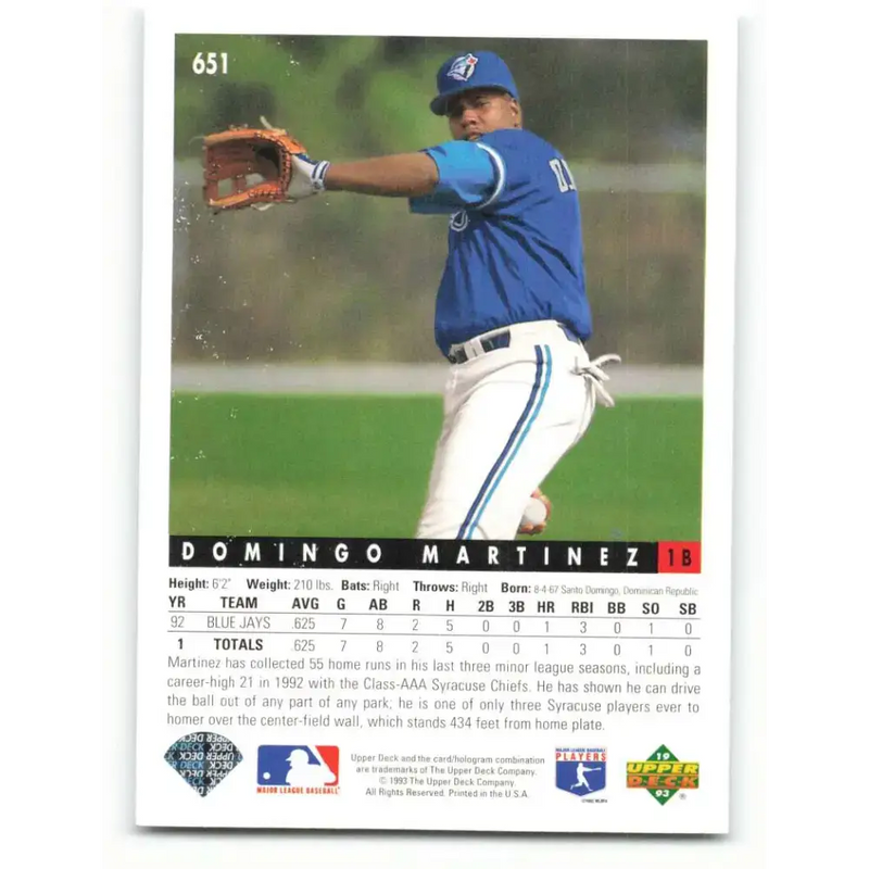 1993 Upper Deck #651 Domingo Martinez VG RC Rookie Toronto Blue Jays Baseball Card - Baseball Card Single