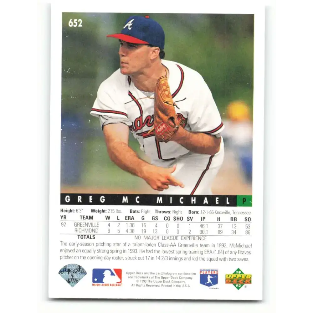 1993 Upper Deck #652 Greg McMichael VG RC Rookie Atlanta Braves Baseball Card - Baseball Card Single