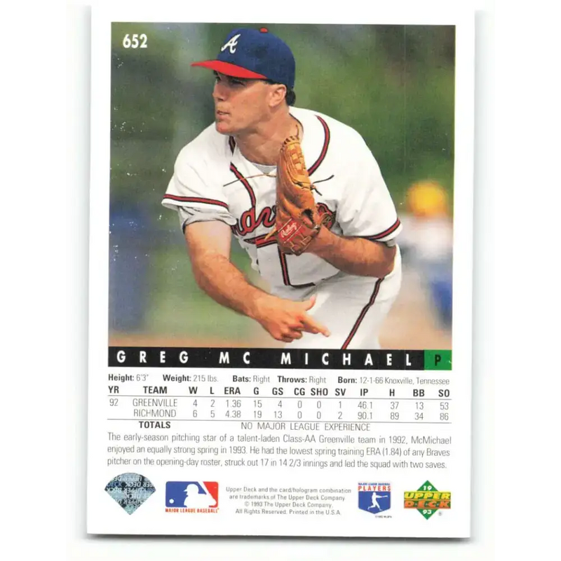 1993 Upper Deck #652 Greg McMichael VG RC Rookie Atlanta Braves Baseball Card - Baseball Card Single